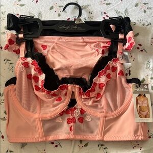 Pink Bra with Red Heart Details 4 piece set